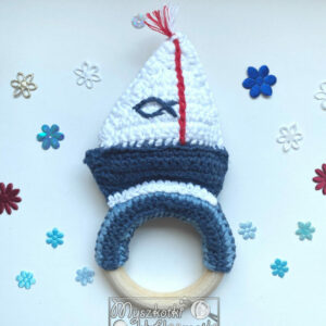 Sailboat eco friendly baby teether with rattle and natural wooden ring