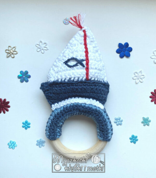 Sailboat eco friendly baby teether with rattle and natural wooden ring