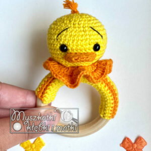 Eco friendly duckling baby teether with rattle and natural wooden ring