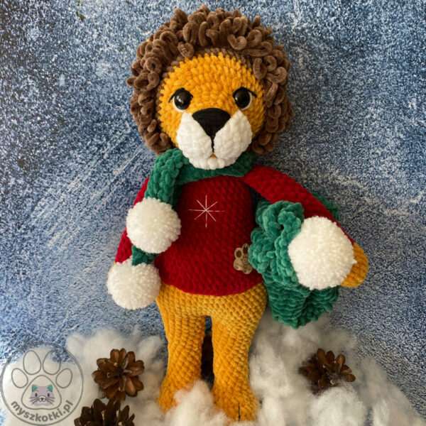 Lion in a red sweater 1 - lion in red sweater,big lion,crochet lion,cuddly toy for baby,Christmas gift