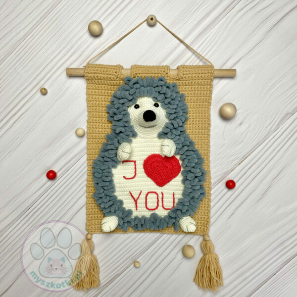 Macrame for the wall - with a hedgehog 4 - doodle for wall, wall hanging, crochet hedgehog, doodle for children's room, i love you, valentine's day gift, crochet heart, wall doodle, picture with hedgehog