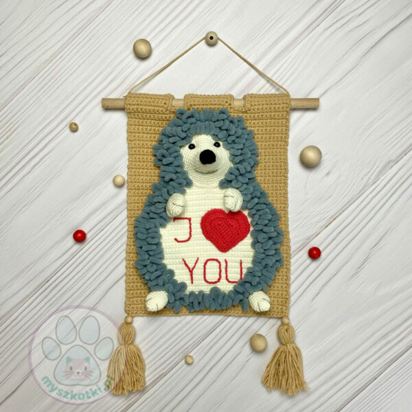 Macrame for the wall - with a hedgehog 2 - doodle for wall, wall hanging, crochet hedgehog, doodle for children's room, i love you, valentine's day gift, crochet heart, wall doodle, picture with hedgehog
