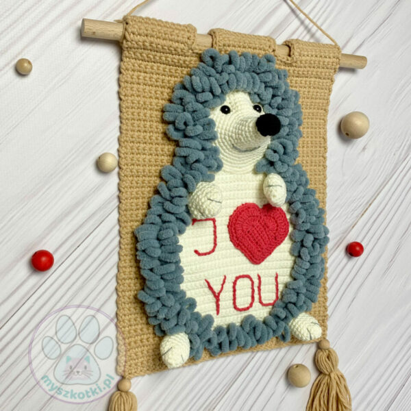 Macrame for the wall - with a hedgehog 5 - doodle for wall, wall hanging, crochet hedgehog, doodle for children's room, i love you, valentine's day gift, crochet heart, wall doodle, picture with hedgehog