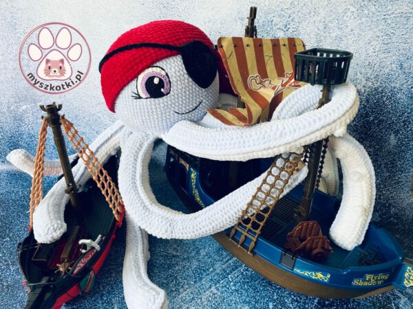 Octopus - pirate 70cm 1 - Octopus - pirate 70cm,crochet octopus,pirate hat,pirate eye patch,pirate headband,pirate band,pirate scarf,pirate costume,crochet mascot,big octopus,gift idea,for boy,baby room,for kids,baby shower,baby shower